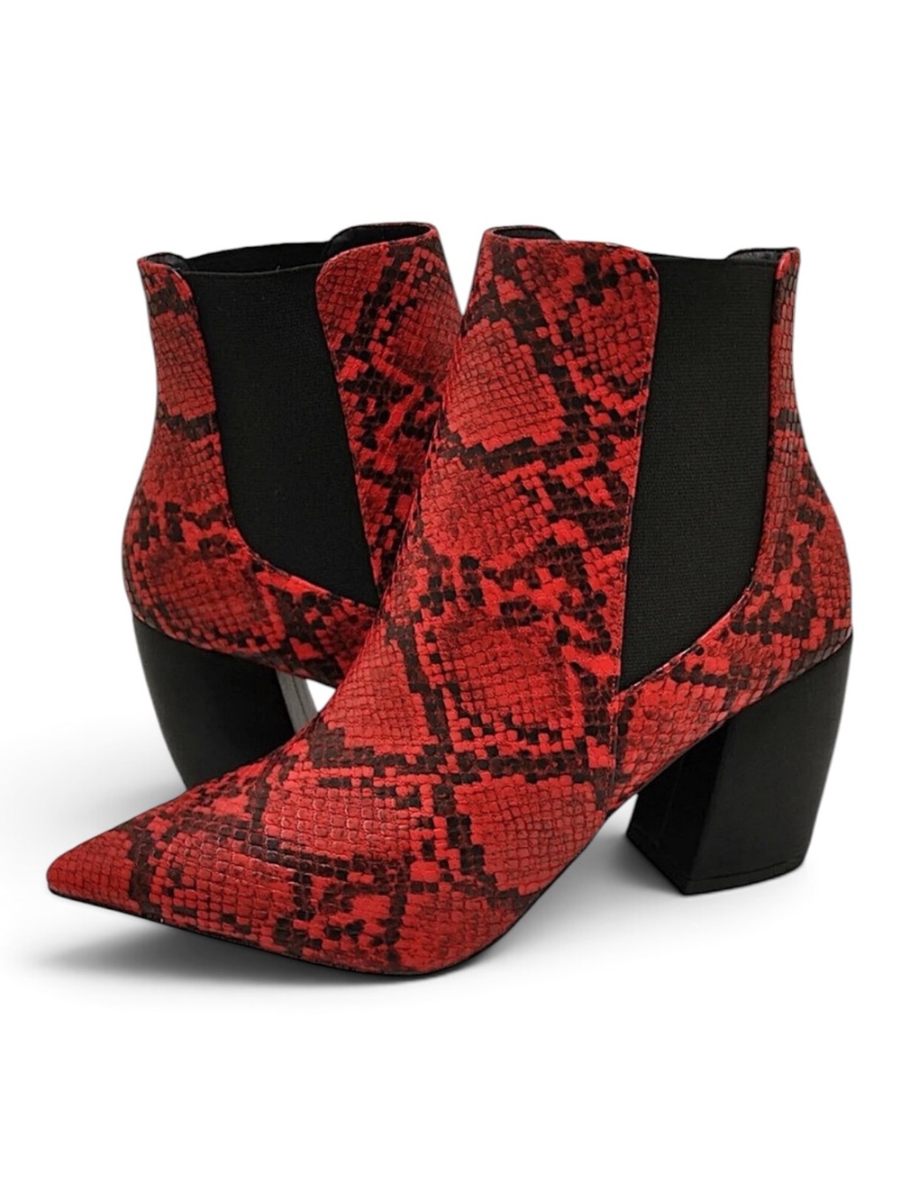 QUPID Red Hot Snakeskin Chunky Heel Ankle Boots